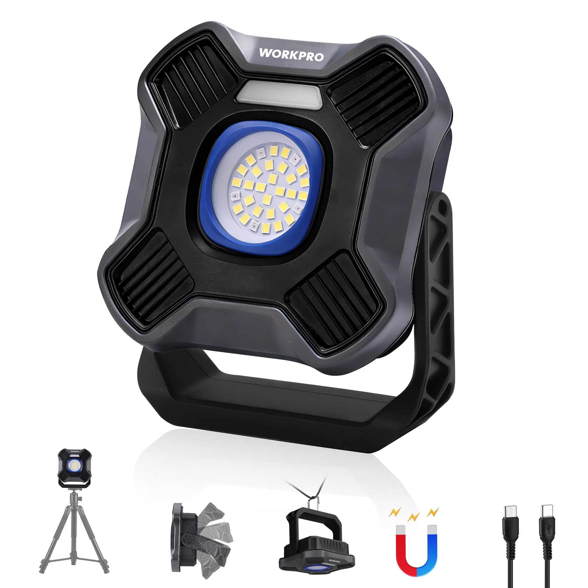 WORKPRO LED Work Light, 2000 LM Magnetic Rechargeable Work Light with 4000 mAh Battery, 5 Modes Portable COB Flood Light with Stand for Camping, Car Repair, Emergency, Hiking, Fishing