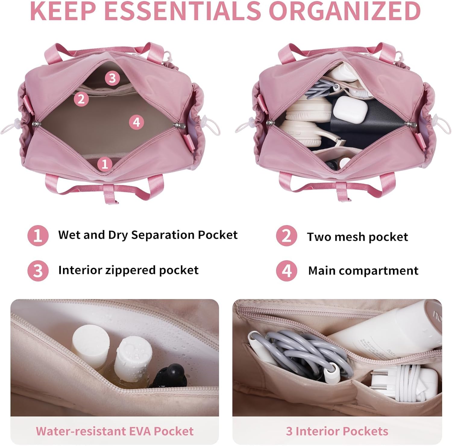 ECOHUB Small Gym Bag for Women, Mini Gym Duffle Bag with Wet Compartment, Bowknot Sports Bag, Cute Gym Tote Bag Dance Yoga Workout Travel Bags Pink - Image 2