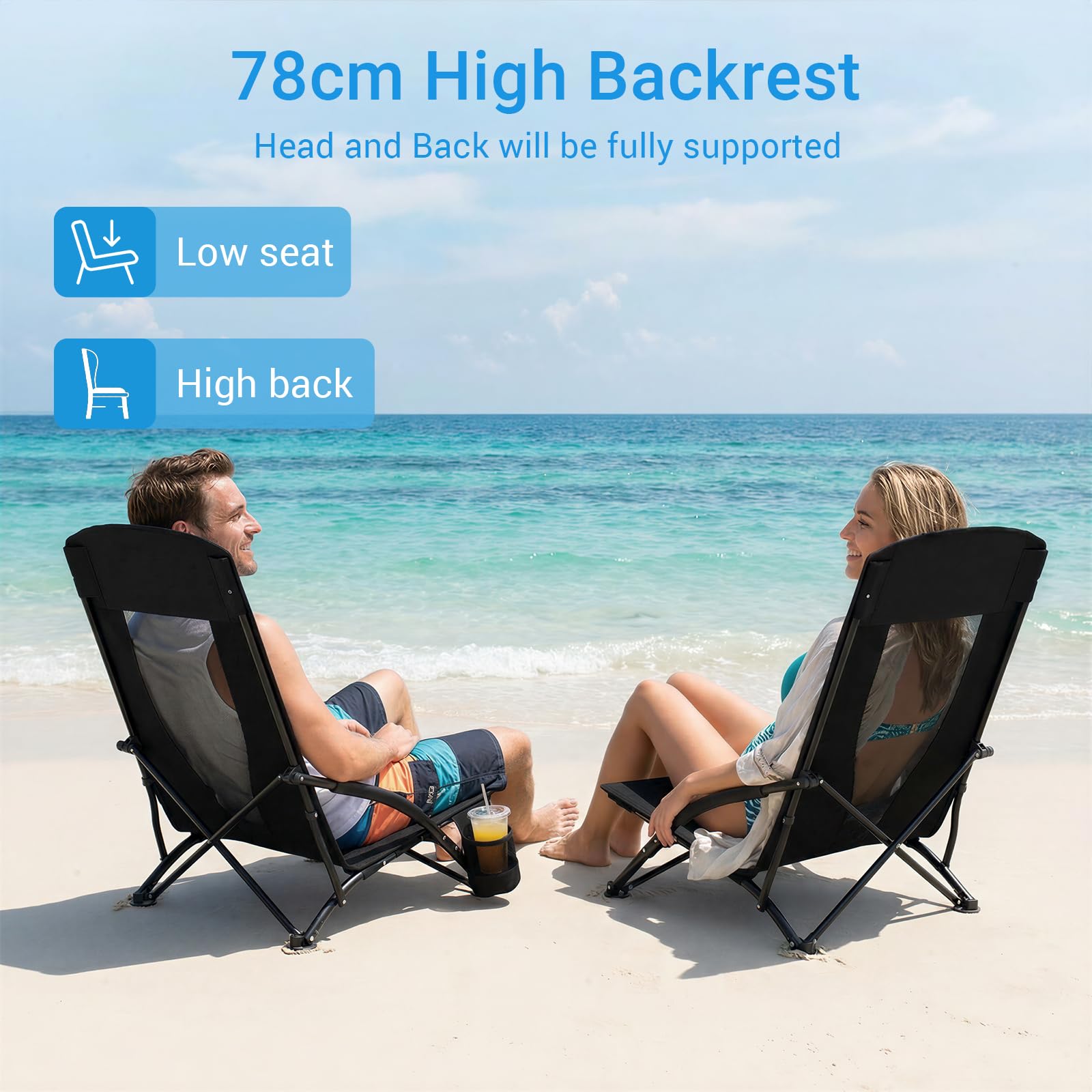 LIFERUN Chaise de plage pliable - 1 pièce - Dossier haut - Chaise de plage basse avec sac de transport - Porte-gobelet - Tissu en maille respirante - Pour l'extérieur, le camping, le concert de sable