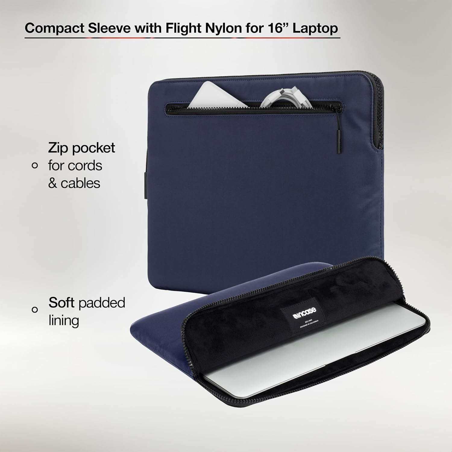 Incase Compact Laptop Sleeve with Flight Nylon - 16 Inch MacBook Pro and Laptop Case – Slim Computer Sleeve with Faux Fur Lining, Front Accessory Pocket with Zipper - Navy
