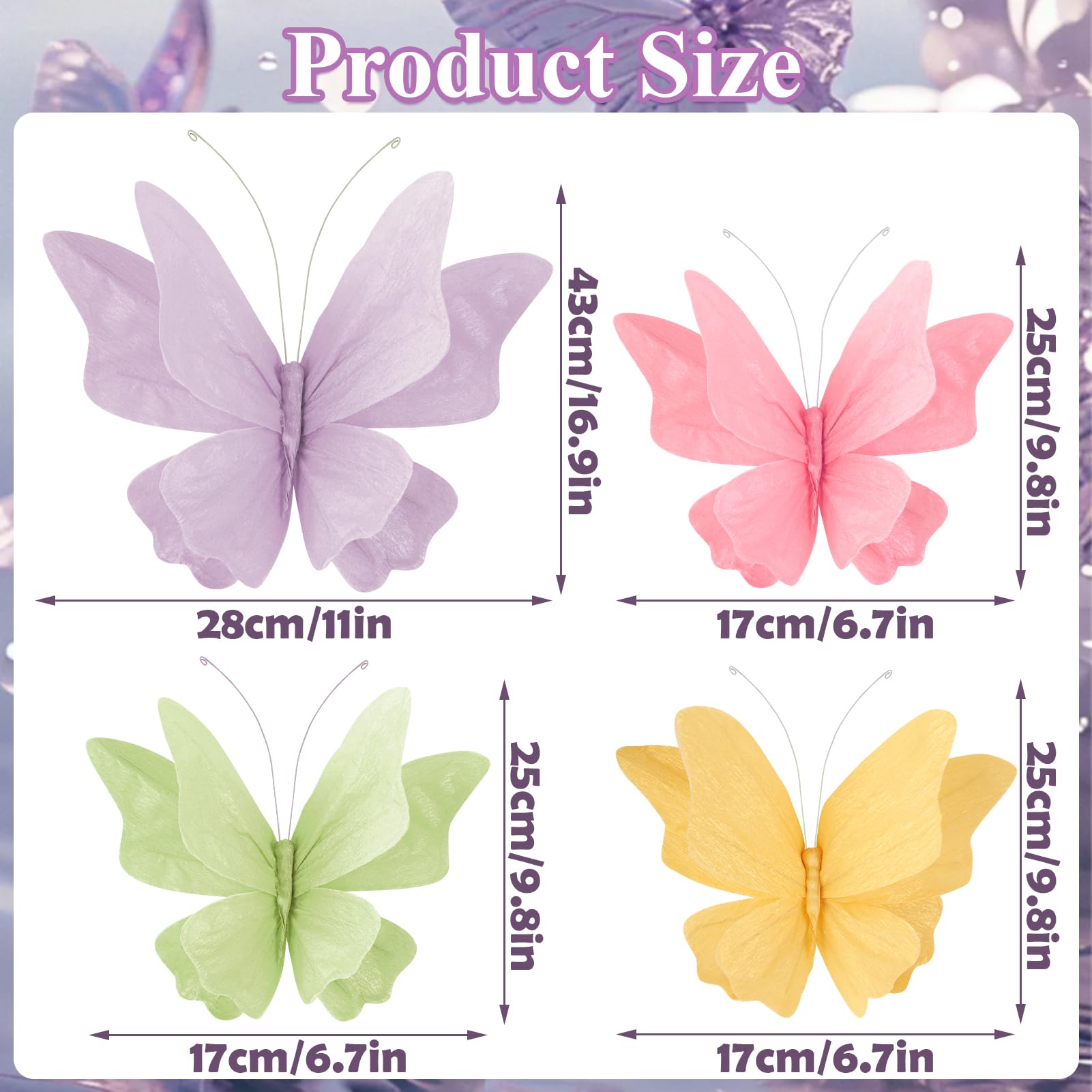 Easy Joy 4 mariposas de papel 3D con clip, decoración con purpurina para mesa y primavera