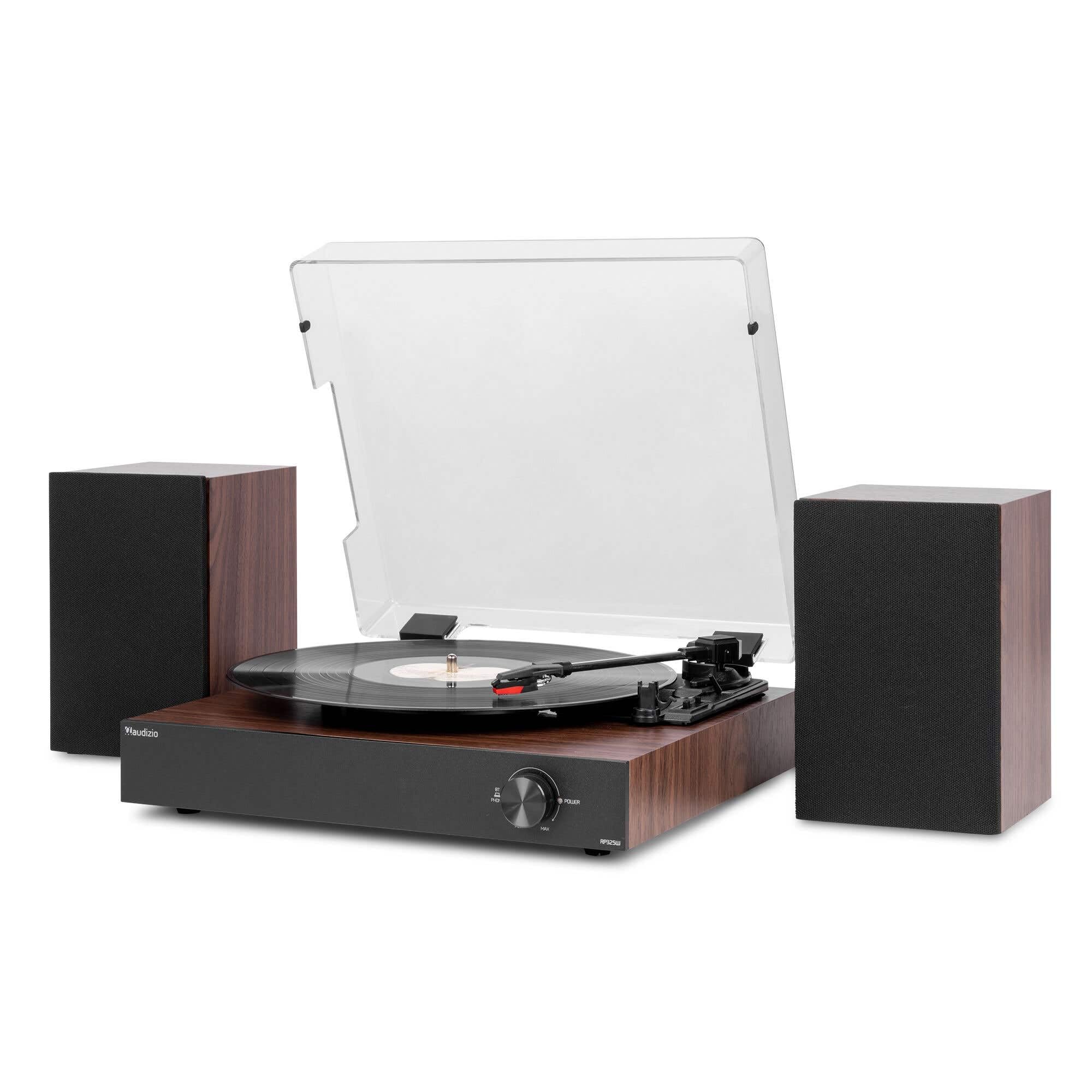 Audizio RP325W - Platine Vinyle Rétro Noyer Noir avec Enceintes Intégrées (60W), BT sans Fil Bidirectionnel, 33/45/78 Tours, Capot Amovible, Lecteur Vinyle Tout-en-Un