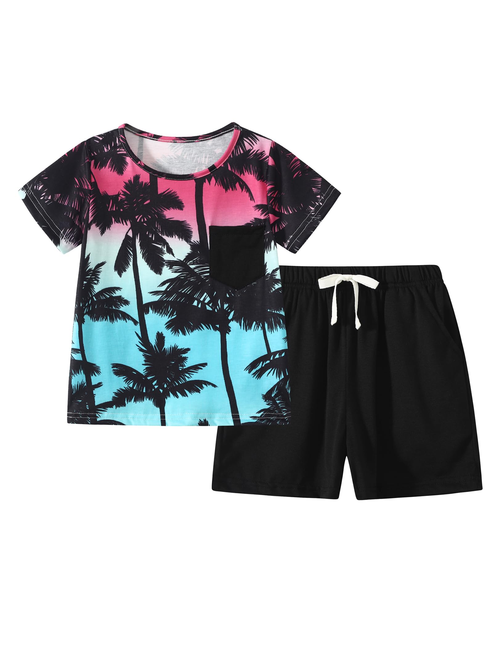 Boy Shorts Sets Summer Hawaii Outfit Palm Print Short Sleeve T-Shirt and Drawstring Cotton Shorts with Pockets