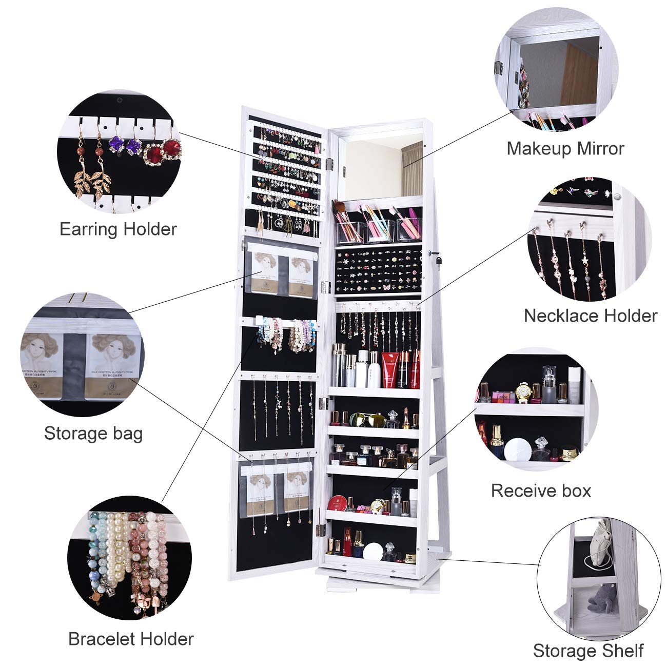 soges Armario Tocador con Espejo de Pie - Compartimento con Llave, 160 cm Altura, 360° Giratorio • Ideal para Joyas, Cosméticos y Bolsos • Perfecto para Dormitorio y Vestidor, Blanco