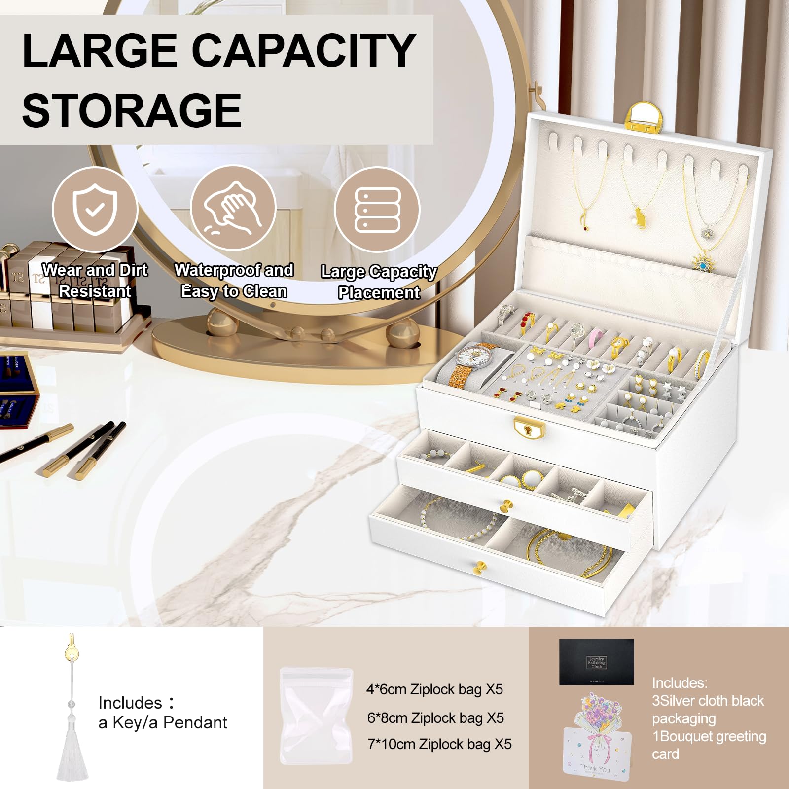 Scatola Portagioie 3 Livelli In Pelle - Con Cassetti E Chiusura A Chiave, Idea Regalo - Foto 5