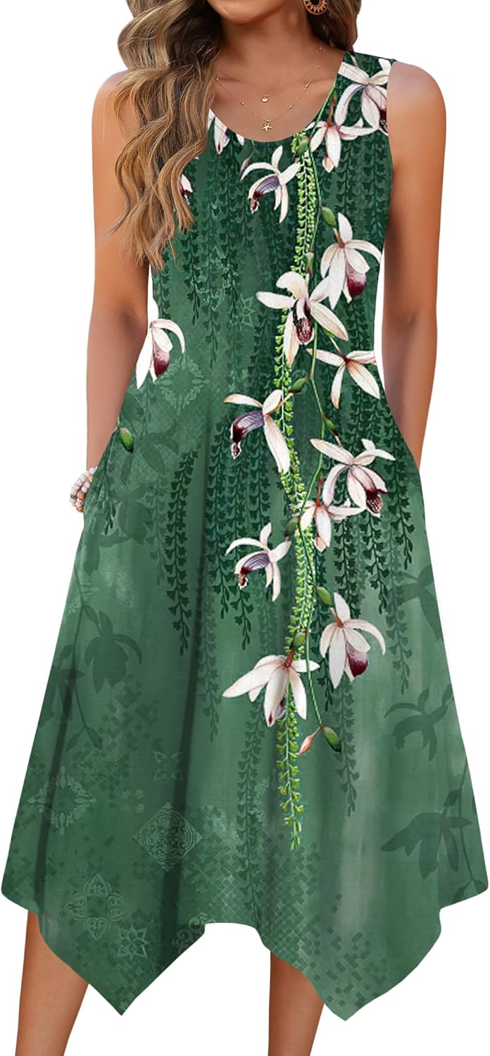 HOTOUCH Women's Casual Summer Dress Sleeveless Sundress Hankerchief Hem Midi Tank Dresses Beach Dress with Pockets
