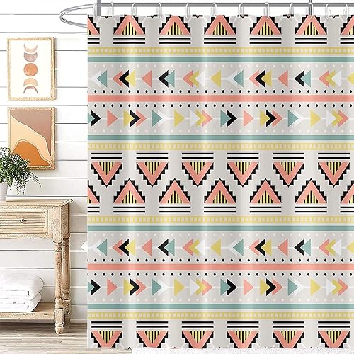 Miniatura 25 de Cortina de ducha de mediados de siglo, moderna abstracta con patrón geométrico atómico de explosión de estrellas para los años 50, accesorios de