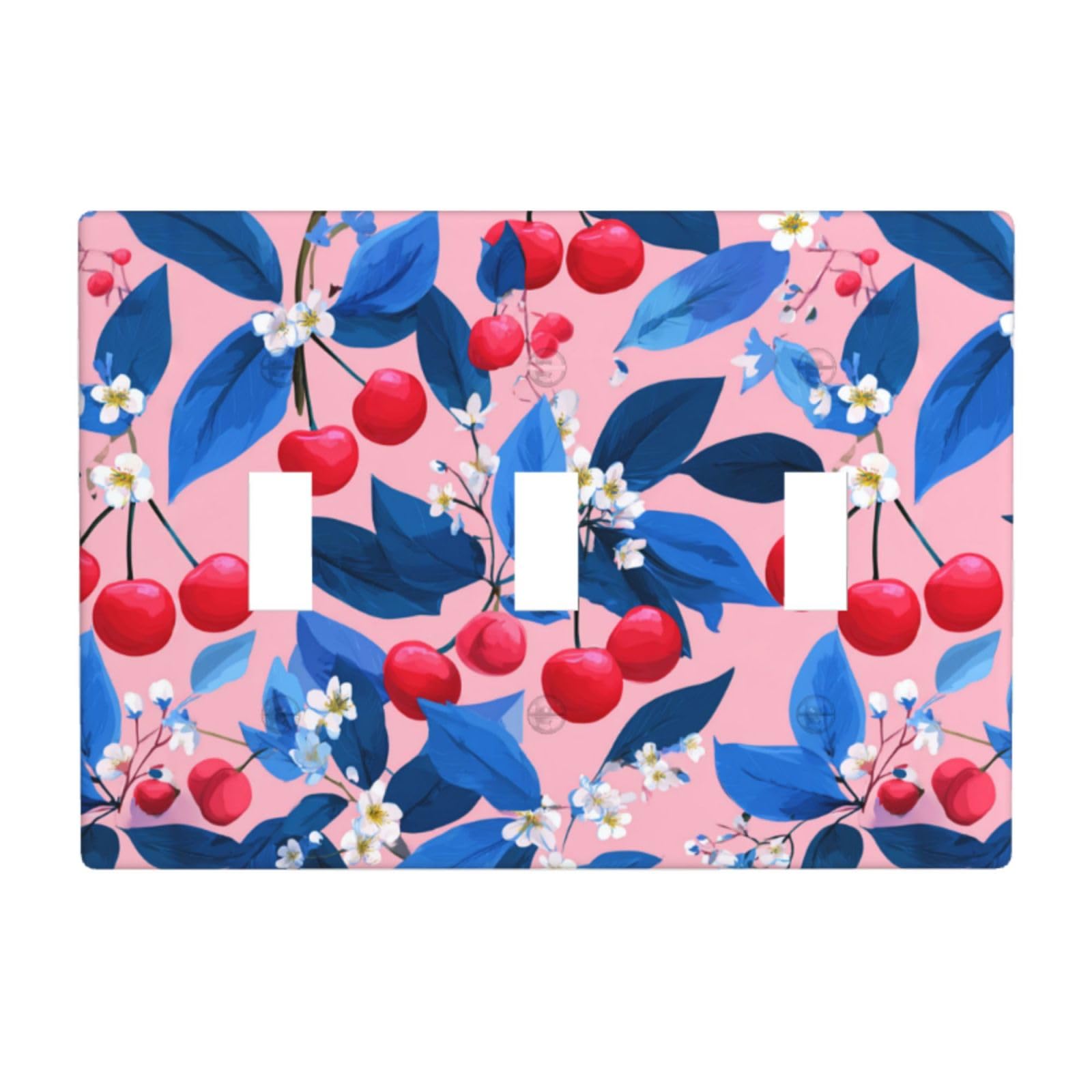 Blue Leaves White Flowers Red Cherries Light Switch Covers 3 Gang Triple Toggle Wall Plate Switchplate Electrical Faceplate for Bathroom Kitchen Bedroom Decor