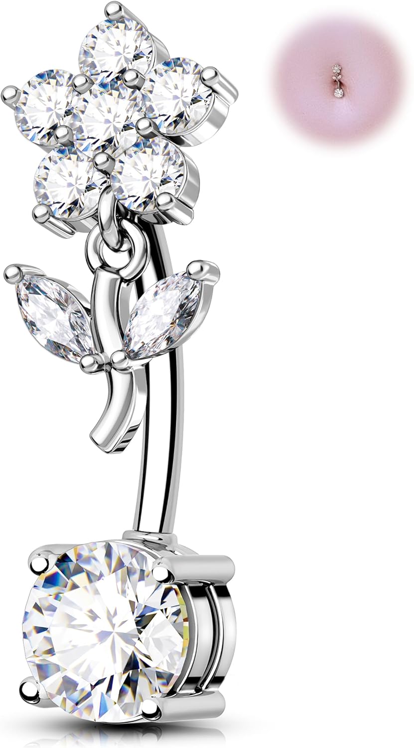 Omgekeerde navelpiercing met hangende opalite en enamel bloemen - Goud