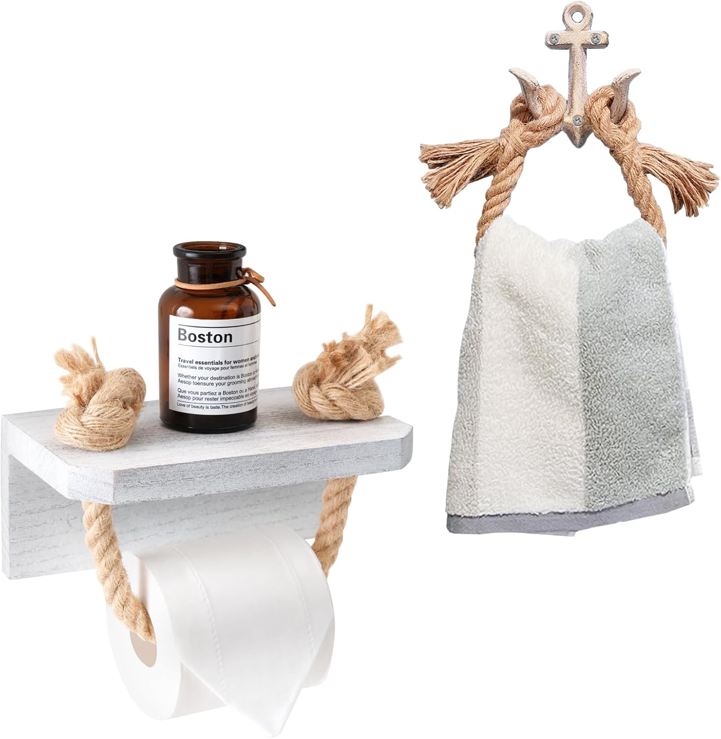 2 Pieces Nautical Toilet Paper Holder White Anchor Metal Hook Rope Towel Bar Towel Rack Wood Farmhouse Bathroom Decor Wall Mount Beach Tissue Holder