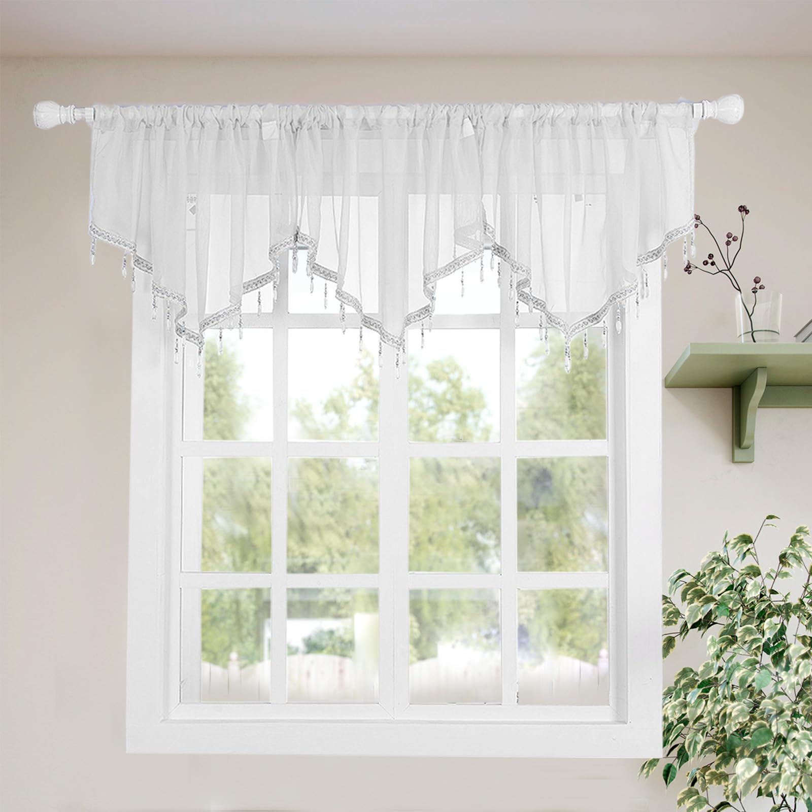 Molaxhome Lace Valance Swag Curtain 51 Inch Scalloped Sheer Curtain Panels with Crystal Beads - Rod Pocket Farmhouse Window Treatment for Kitchen Bedroom 1pc Boho Chic Drape Decor white