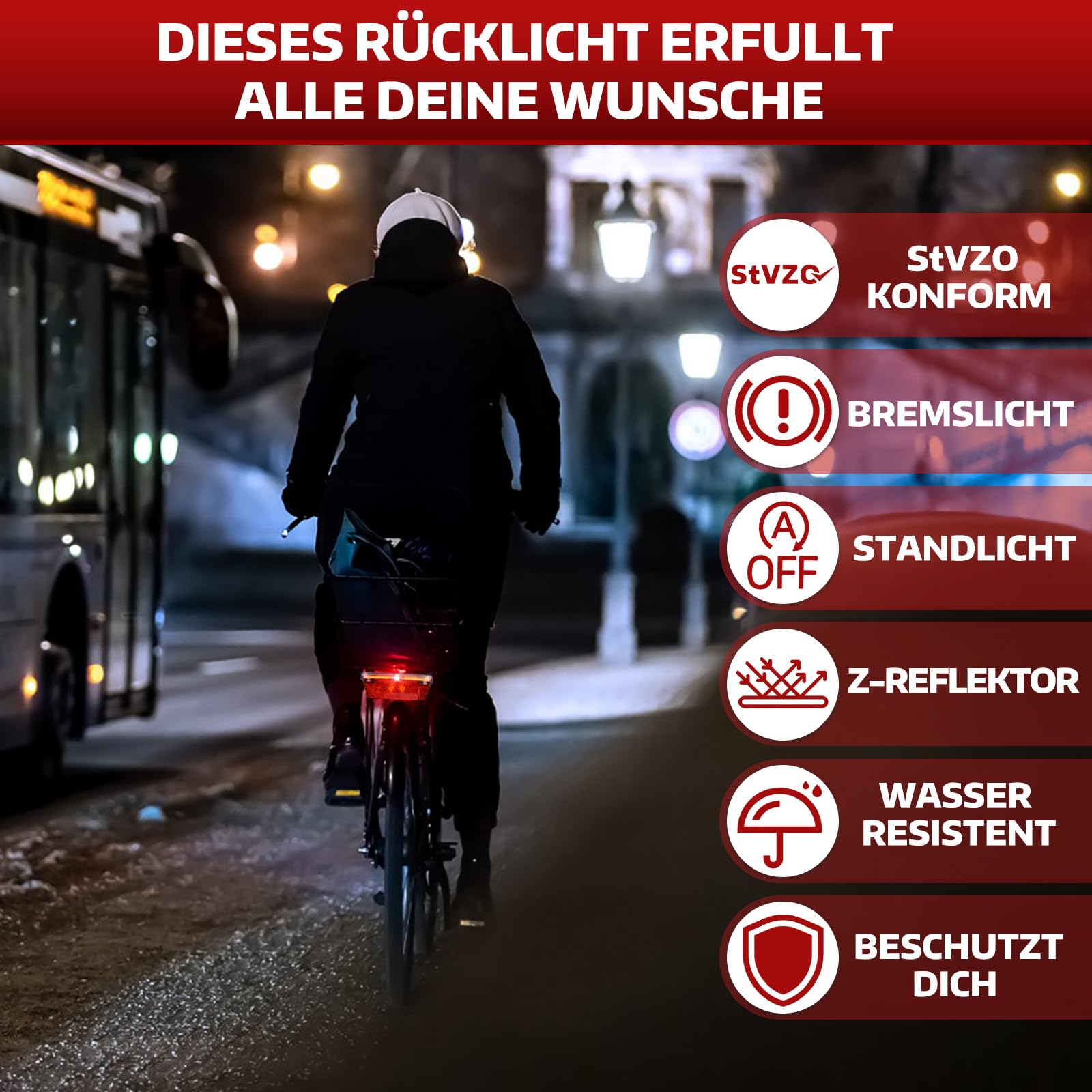 MONTOP Tylne światło rowerowe ze światłem hamowania i światłem postojowym, dopuszczone do ruchu drogowego (obowiązują przepisy lokalne), wodoszczelne światło rowerowe z tyłu, 3 diody LED z reflektorem