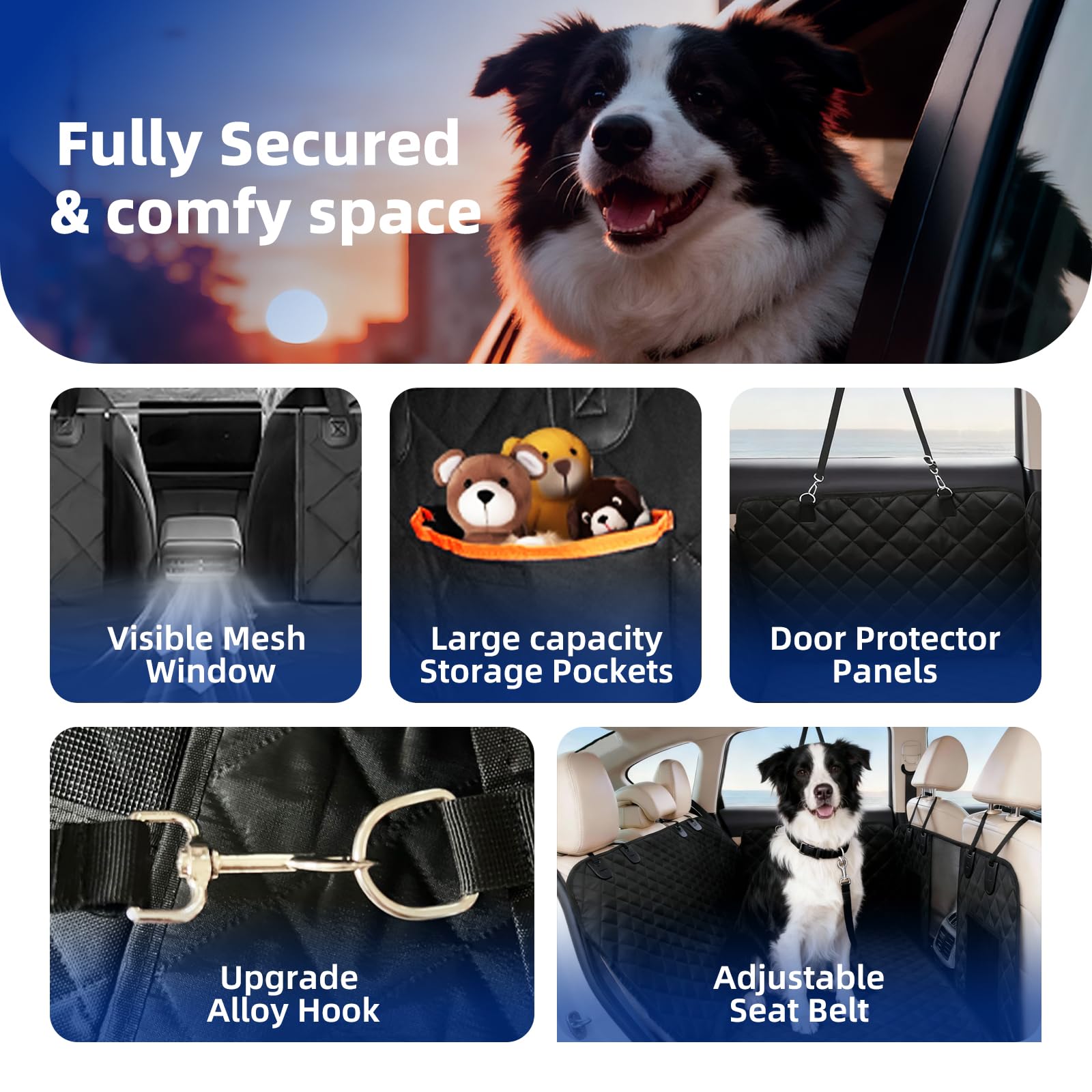 Dog Car Seat Cover for Back Seat, Waterproof Heavy Duty Wear-Resistant Dog Seat Cover, Non-Slip Dog Hammock & Bench Style with Alloy Clips for Cars SUVs Trucks, Medium & Large Dogs - image 3