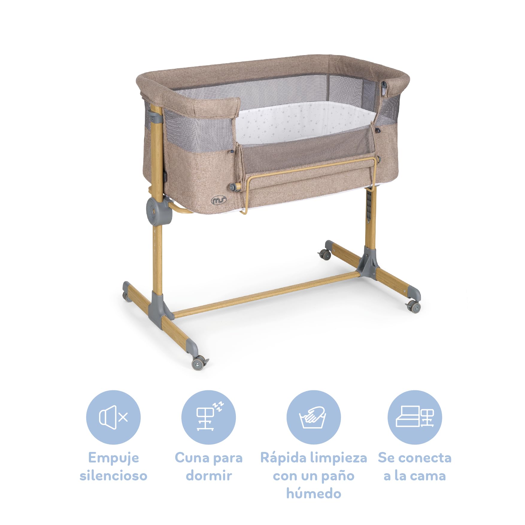 ms Minicla per letto Sleepy - Culla per letto regolabile multi-altezza, reclinabile, paramenti in stile Elephant e zanzariera di serie