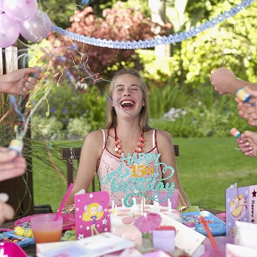 Miniatura 6 de Decoración para pastel de cumpleaños número 15 con purpurina azul cielo, 1 pieza, 6.3 x 3.5 pulgadas, cumpleaños, azul