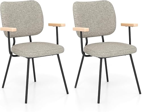 Giantex Juego de 2 sillas de comedor de tela moderna, sillones acolchados con tela de lino, patas de metal resistentes, respaldo curvo, carga de