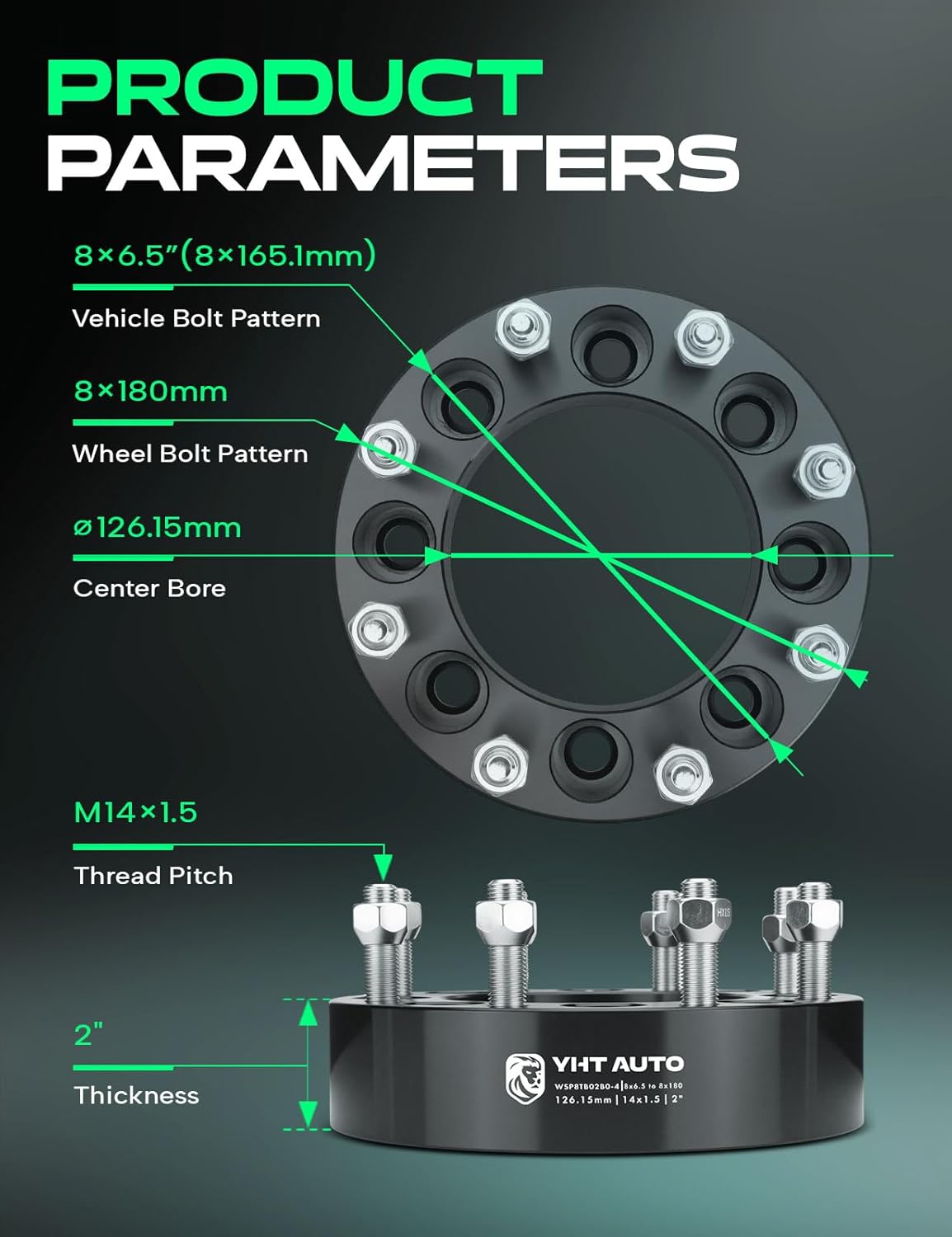 YHTAUTO 8x6.5 inch to 8x180 mm Wheel Adapters 2 inch Compatible with Chevrolet, GMC Models, Wheel Tire Adapters w/ M14x1.5 & 12.9 Grade Studs, 126.15 mm Center Bore 8 Lug 4PCS Black