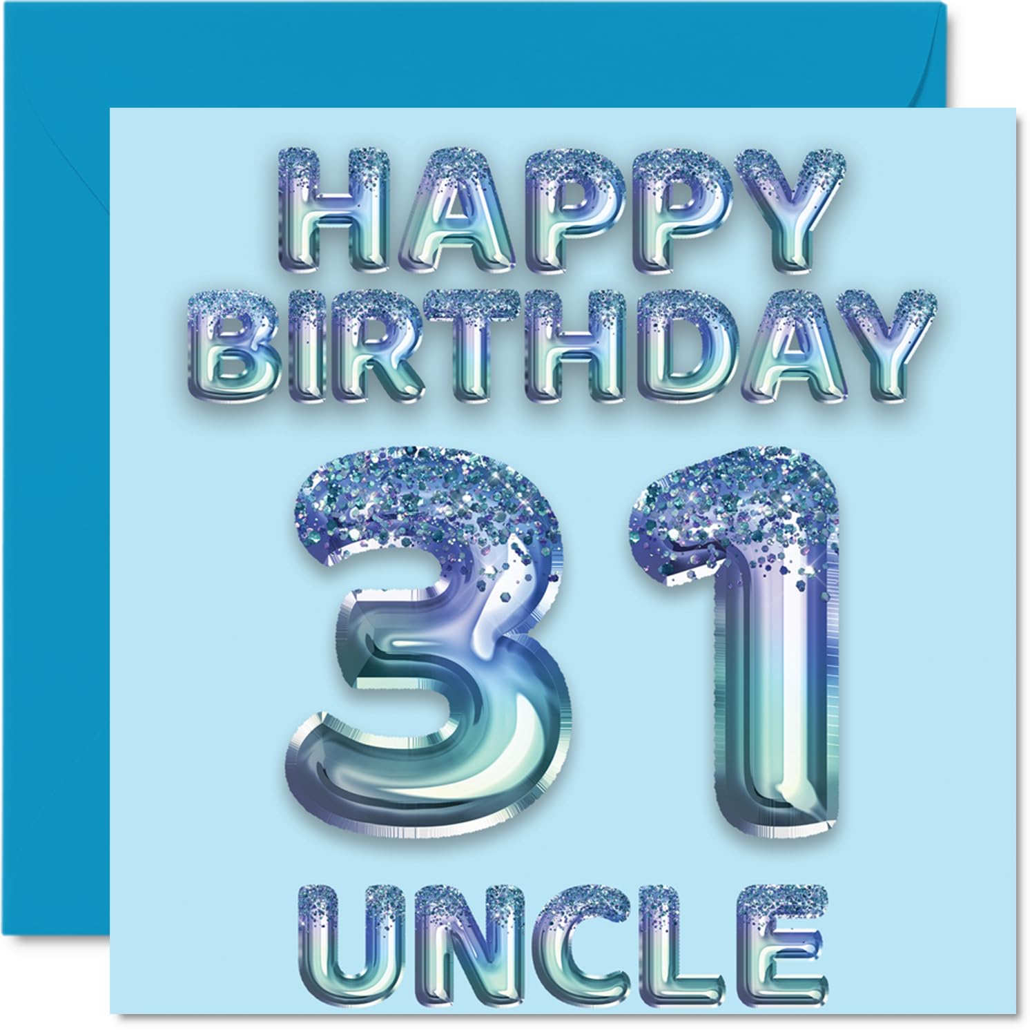 31st Birthday Card for Uncle - Blue Glitter Party Balloons - Happy Birthday Cards for 31 Year Old Uncle from Nephew Niece, 145mm Bday Greeting Cards Gift