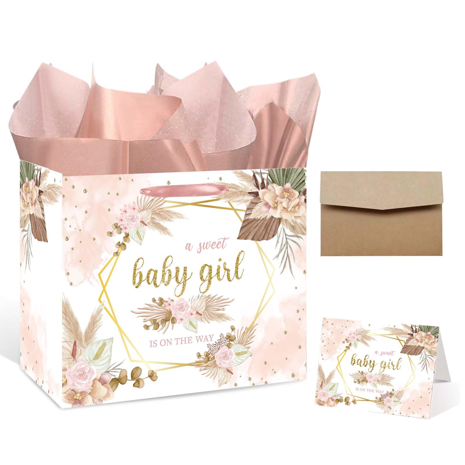 GOLDCROW Large Baby Gift Bag with Tissue Paper and Card – Ideal for Baby Showers, Baby Girl Gifts, and Birthday Parties – Sturdy Pink Floral Gift Bag