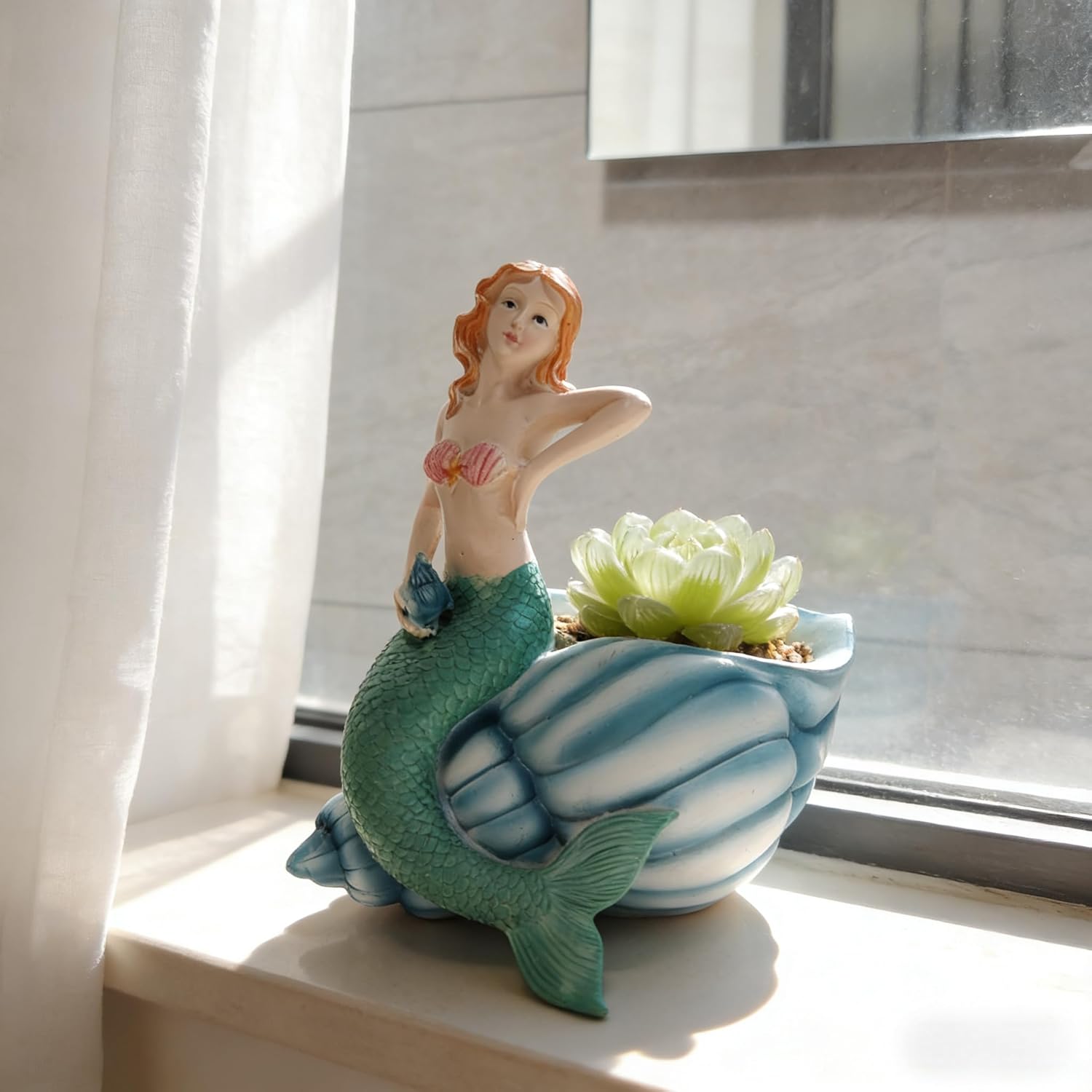 Mermaid Resin Planter Statue, Conch Base Succulent Flower Pot for Home Garden Nautical Decor (Blue)