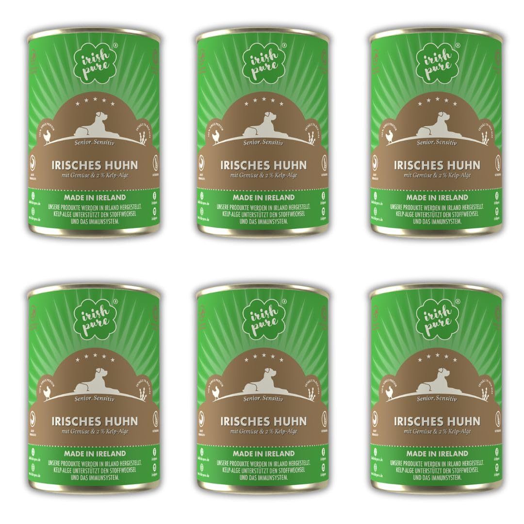 Irish Pure Comida húmeda Premium Senior para Perros, Pollo irlandés, vitaminas, sin Cereales, Sensible, con superalimento Algas Kelp, Comida húmeda para Todas Las Razas (6 x 390 g)