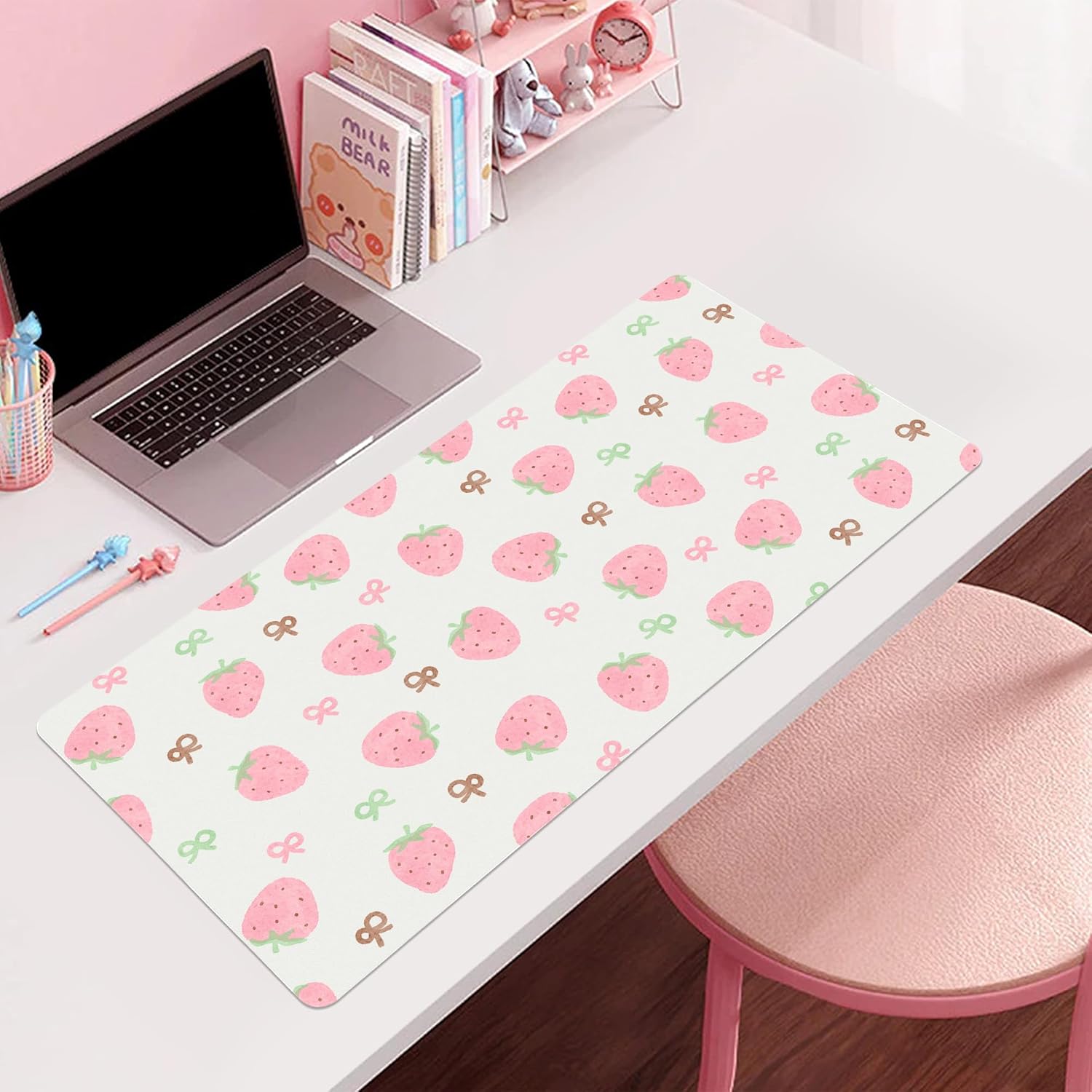 Idocolors Minimalist Pink Strawberry Desk Mat, White Extended Gaming Keyboard Mouse Pad, Large Cute Kawaii Women Office Desk Cover Mat Protector 31.5"x15.7"