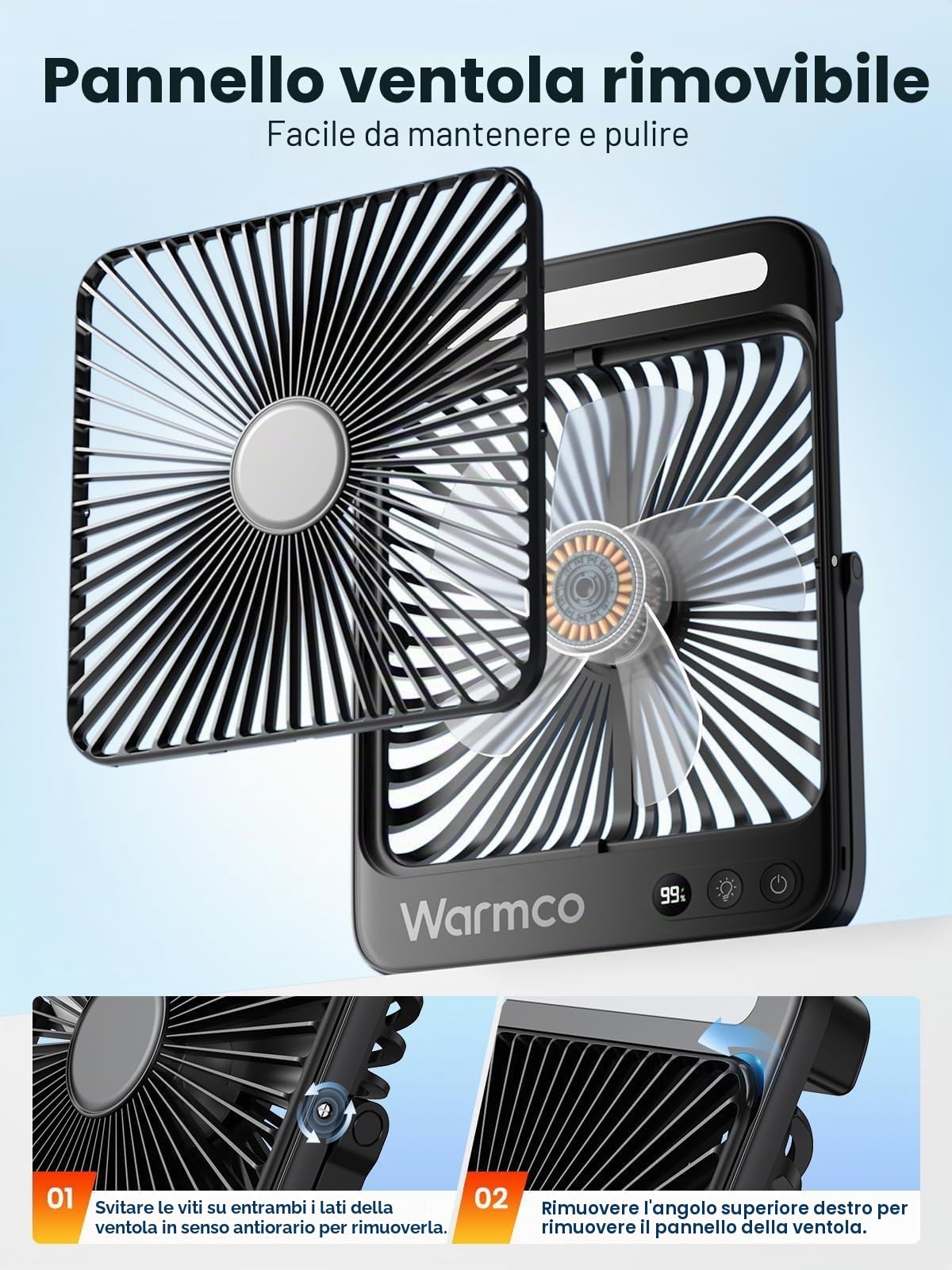 Warmco Ventilatore Campeggio 20000mAh Ricaricabile, Alto 27cm Ultra-Sottile con Luce LED, 48 Ore Durata, Ventilatore Tavolo Portatile per Tenda, Viaggi, Esterno, Casa