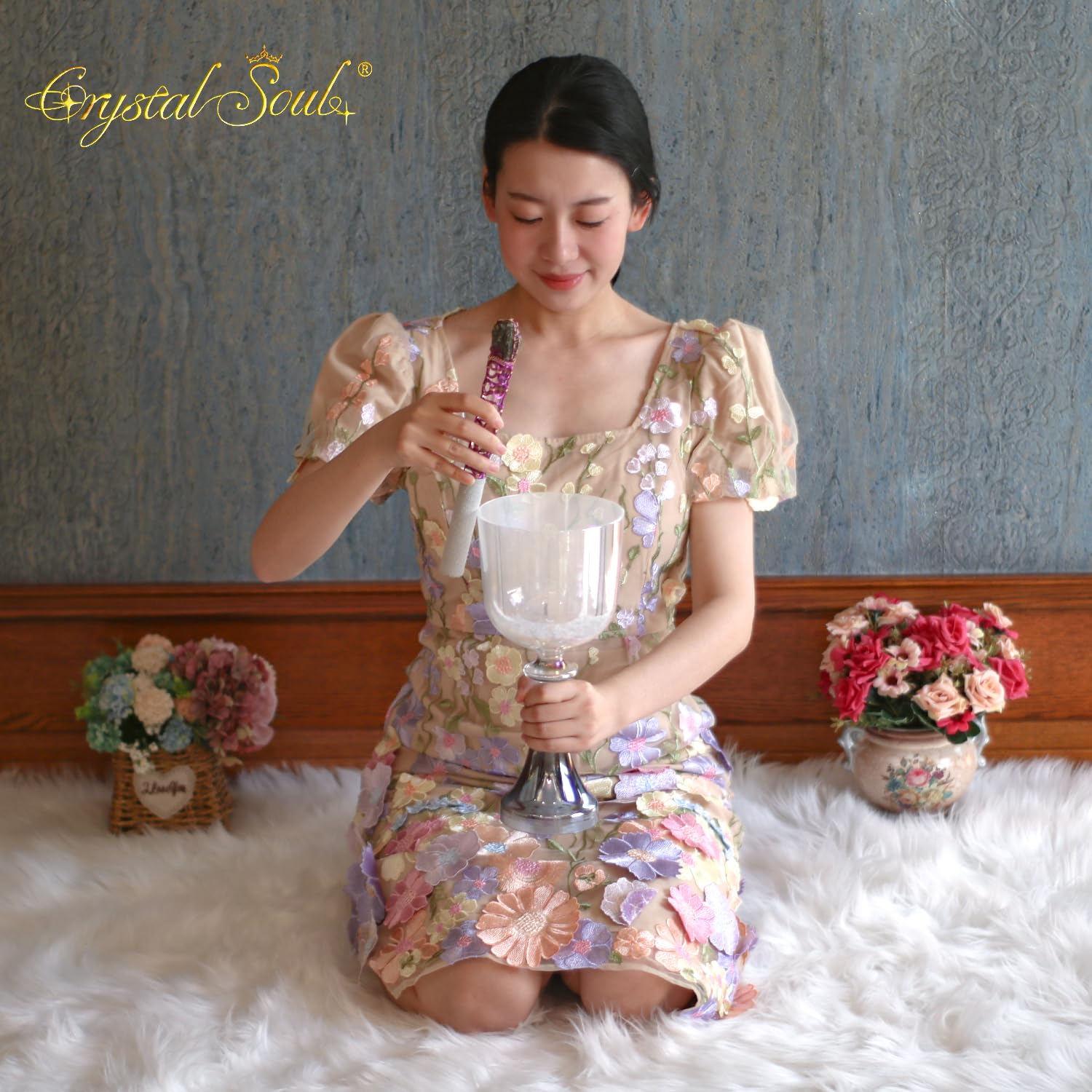 Crystal Soul Heiliger Kelch Kristall-Klangschale Quarz Perlen-Farbverlauf 14 cm 432 Hz A# Note Klangbadinstrument