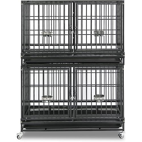 Homey Pet 43 inch Dog Crate Stackable Heavy Duty Dog Kennel Indoor Dog Grooming Cage with Detachable Divider, Removable Tray, Wheels, Feeding Bowls (2 Tiers)