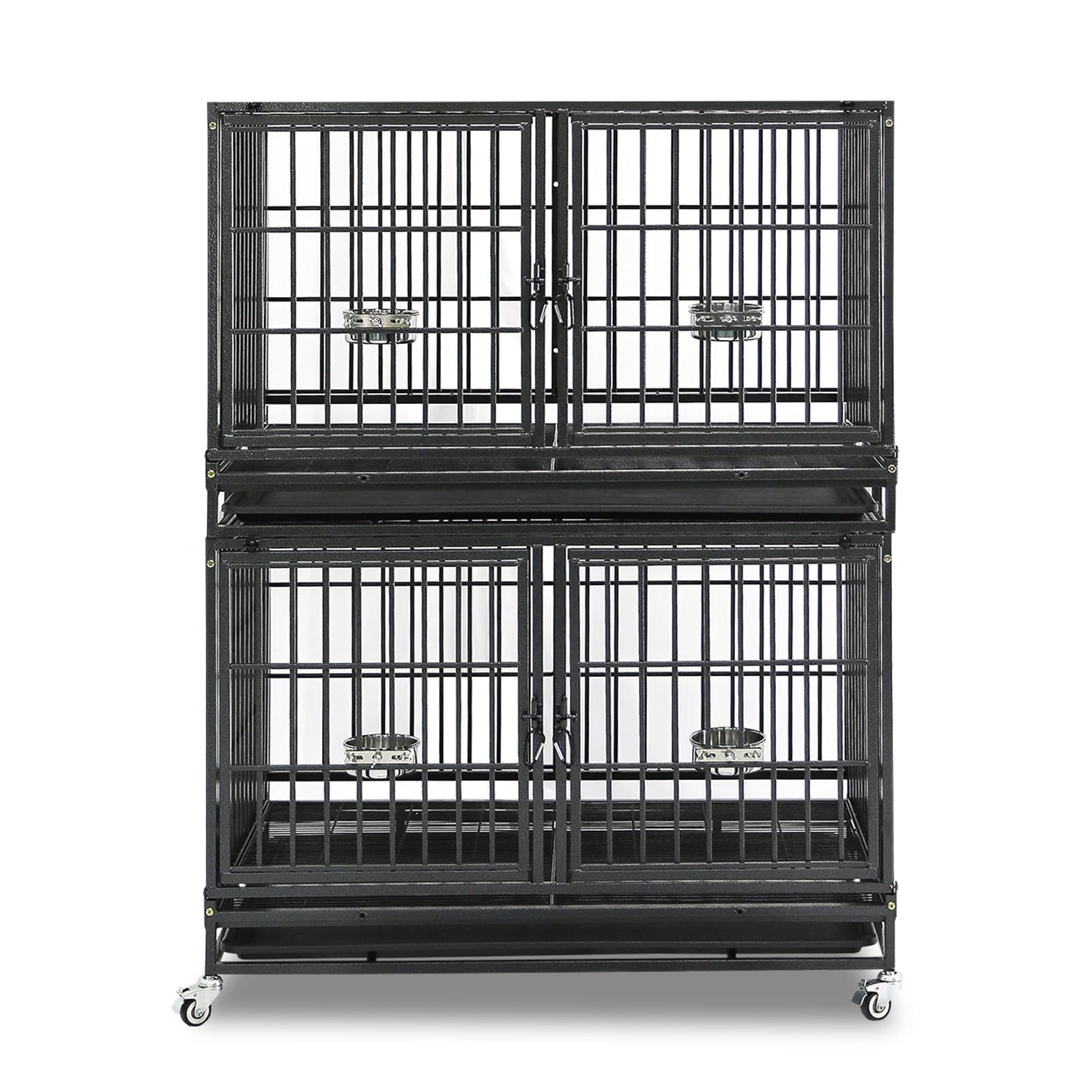 Homey Pet 43 inch Dog Crate Stackable Heavy Duty Dog Kennel Indoor Dog Grooming Cage with Detachable Divider, Removable Tray, Wheels, Feeding Bowls (2 Tiers)