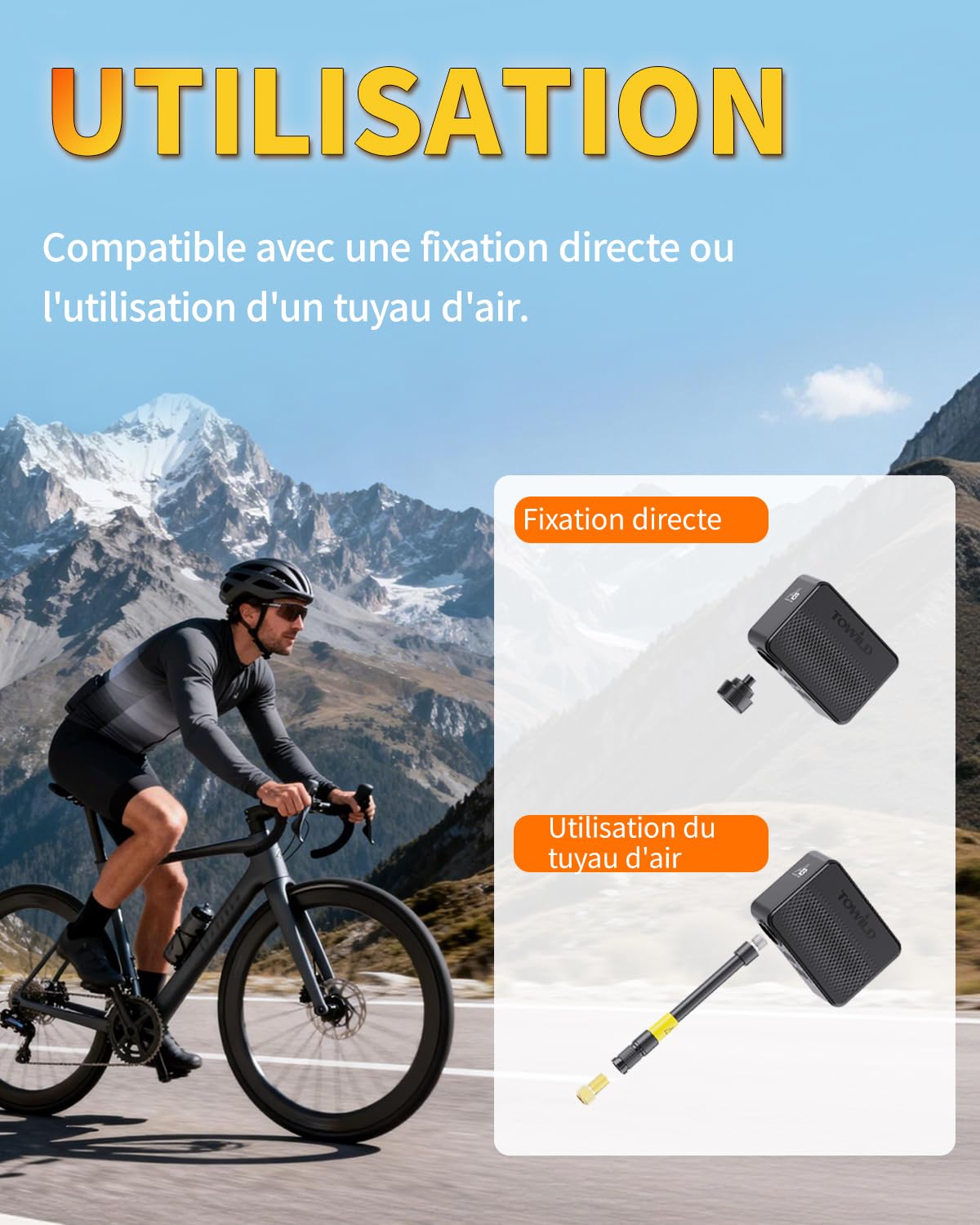 TOWILD A13 Pompe À Vélo Électrique Portatifs, Max 130 PSI Mini Compresseur d'air à Arrêt Automatique avec Valves Presta et Schrader pour Vélos de Route VTT Ville Route E-Bike Rechargeable Type-C