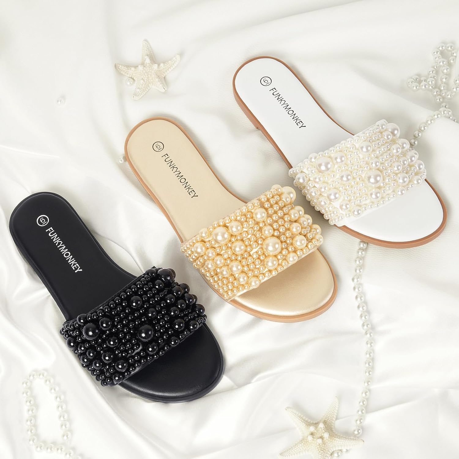 FUNKYMONKEY Women's Pearls Flat Sandals Slip-on Open Toe Dressy Summer Beach Casual Slide - Image 5