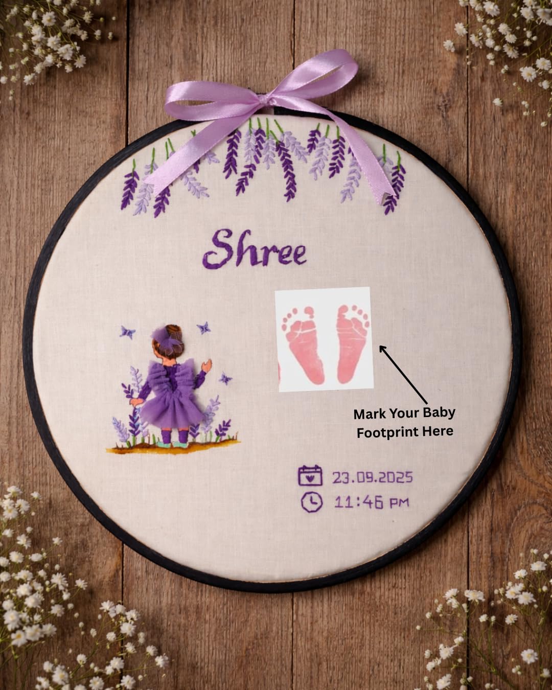 Personalized Baby Girl Footprint Embroidery Hoop Frame, Customizable Name and Birth Details, Nursery Wall Decor-image-42