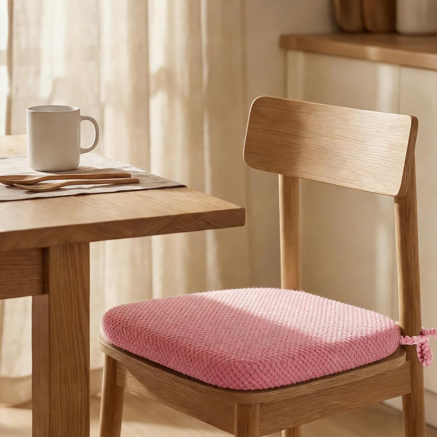 Pink Chair Cushions with Tie Removable Cover, D-Shape Foam Kitchen Chair Seat Pads Non Slip 17"x16" Pack - Image 8