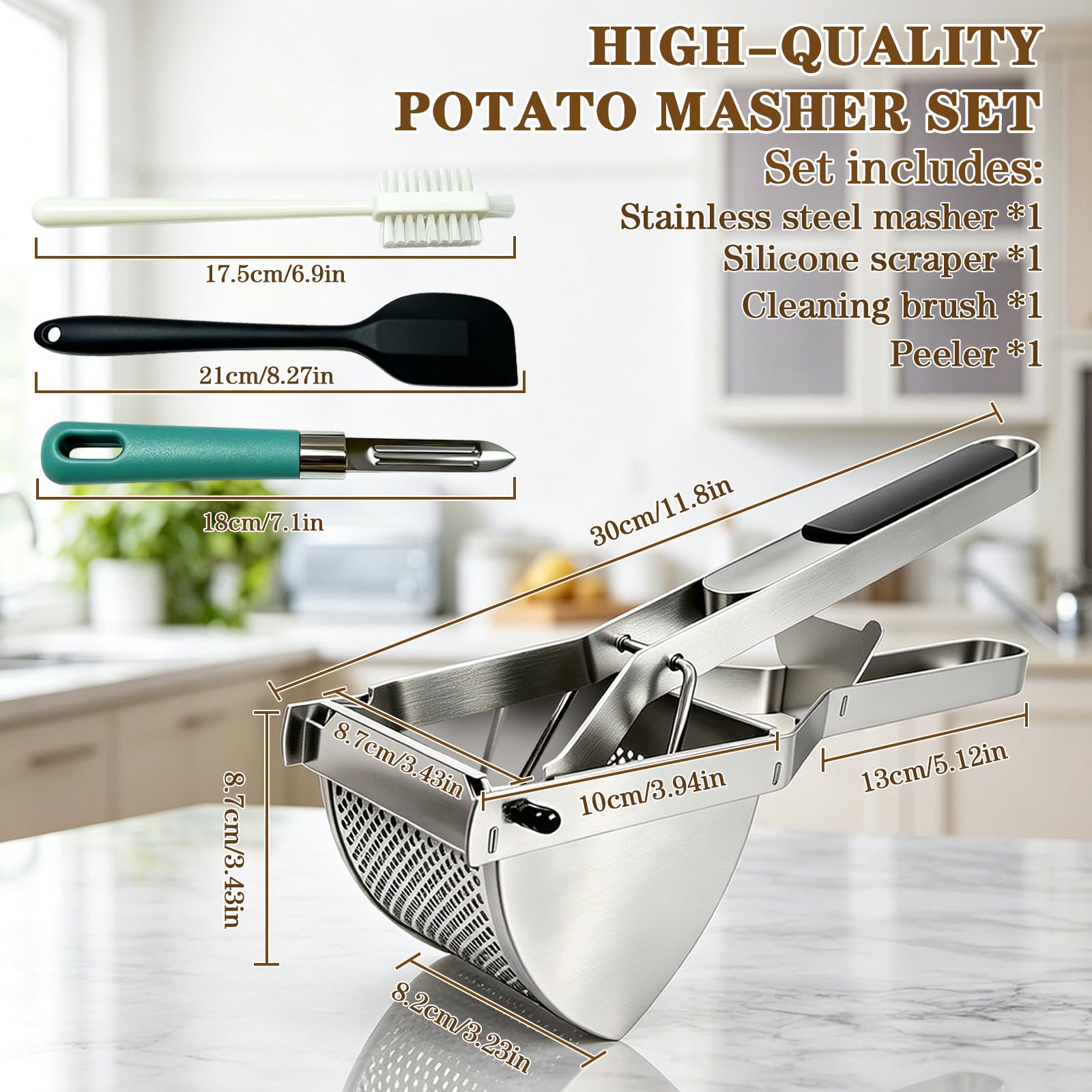 Schiacciapatate, Schiacciapatate Acciaio Inox con Spatola in silicone, spazzola per la pulizia e pelapatate, per Purè di Patate, Frutta, Verdure, Bébé, Limone