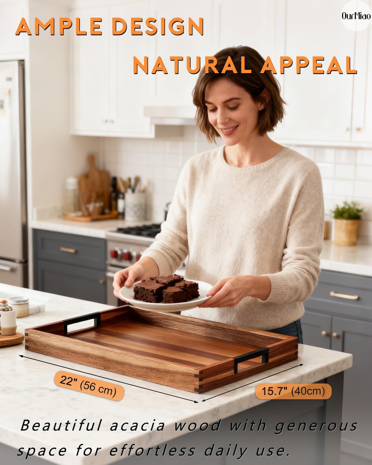 22 Inches Acacia Wood Serving Tray with Metal Handles, Extra Large Rectangular Wooden Ottoman Tray for Living Room, Coffee Table, Coffee Station, Kitchen & Hosting - Image 2