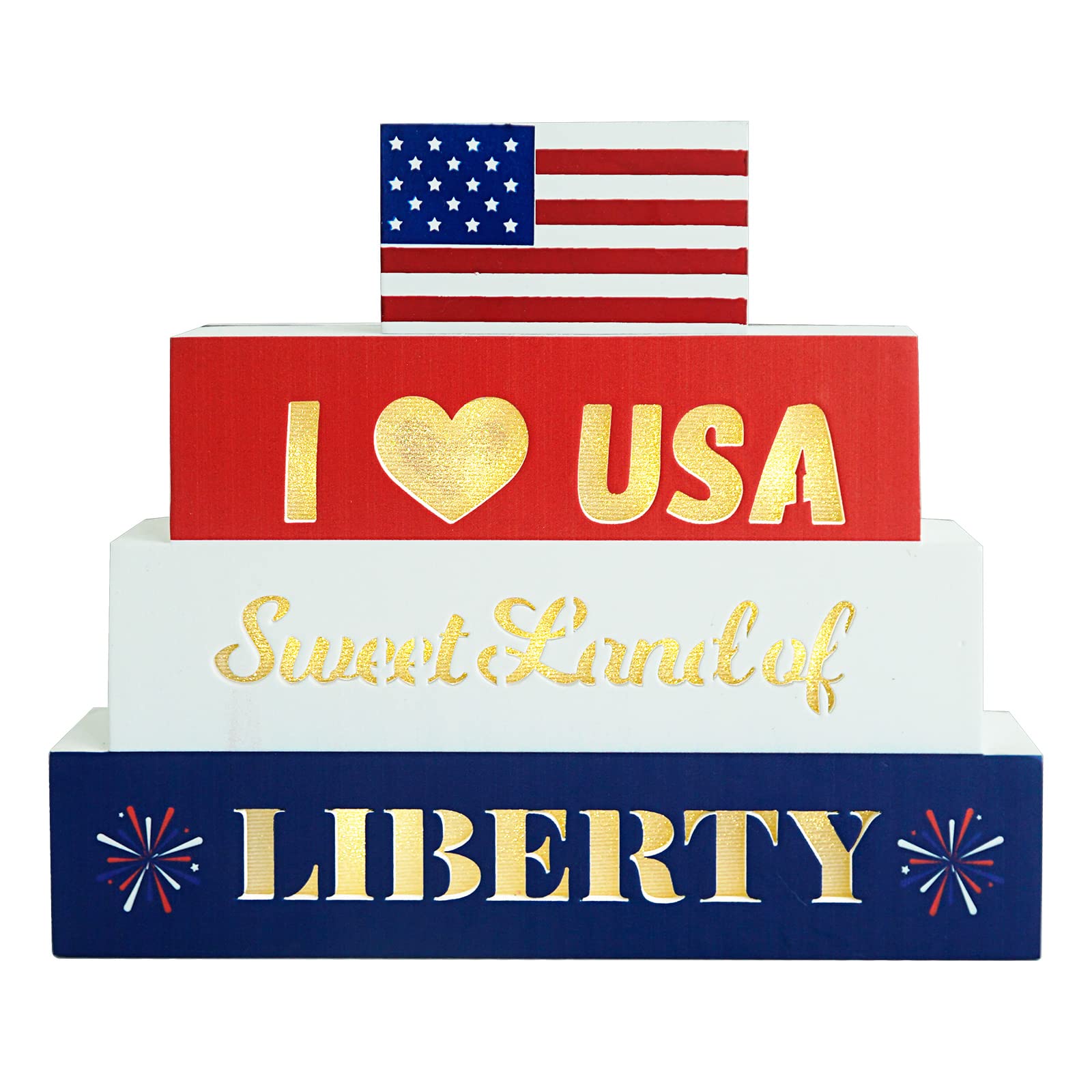 Photo 1 of 4th of July Decorations, Patriotic LED Wood Block Sign Decor, Memorial Days Centerpiece Decor,fourth of July Farmhouse Tiered Tray Decor, Patriotic Decorations For Home
