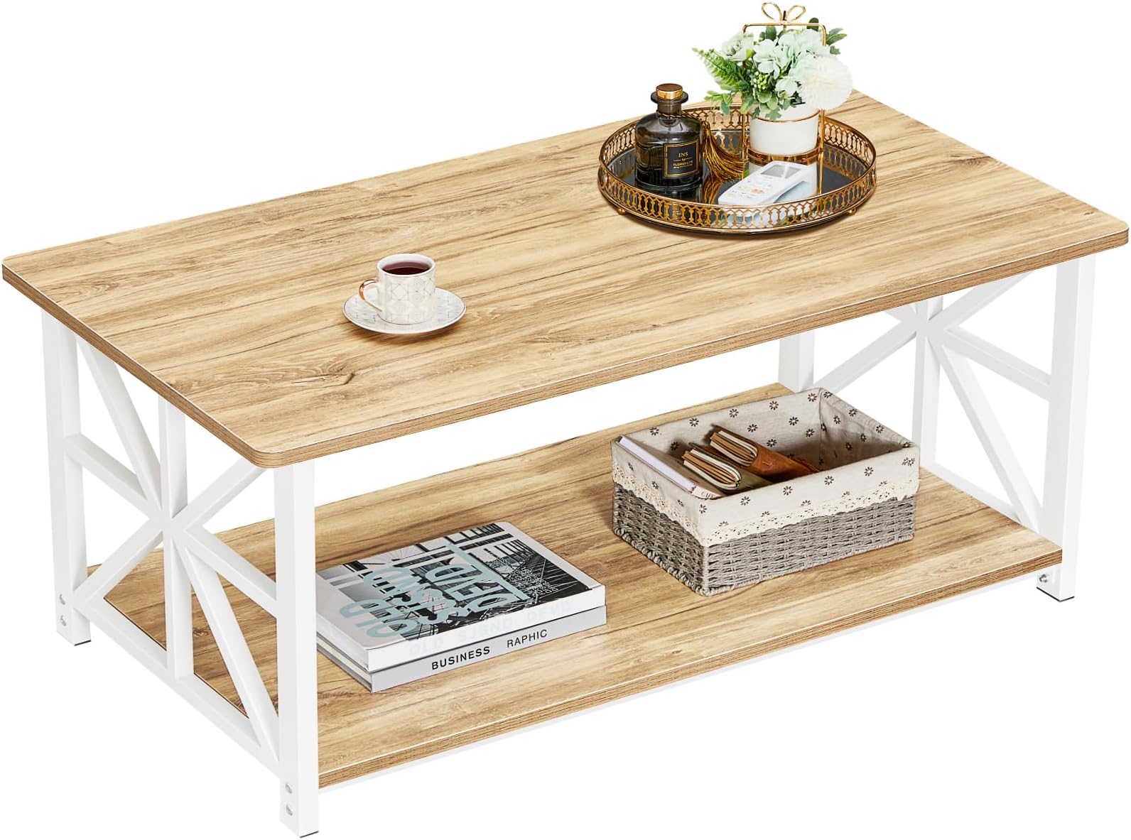 GreenForest Modern Coffee Table with 2-Tier Storage, 100 cm Living Room Table with Round Corner, Centre Table with X-Frame Design for Home Office,Oak