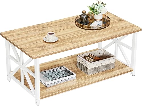 Miniatura 19 de GreenForest Mesa auxiliar con esquina redonda, mesa central de granja con estante de almacenamiento de 2 niveles, diseño de marco en X para sala de