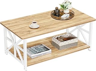 GreenForest Coffee Table with Round Corner, Farmhouse Center Table with 2-Tier Storage Shelf X-Frame Design for Living Room, 39 inch Oak