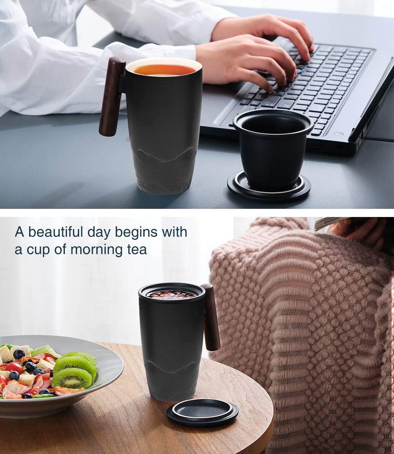 suyika Tomotime Ceramic Tea Cup with Infuser and Lid Tea Mugs Wooden Handle 400ml/13.5oz Black - Image 4