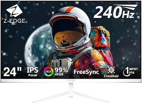 Z-Edge 24 Inch 240Hz Gaming Monitor 1ms IPS Full HD 1080P 99% sRGB HDMI DP | White PC Monitor 169 1920x1080, 350cd/m  Brightness, Ultra-Thin Bezel, Crosshair, FreeSync, VESA Mountable