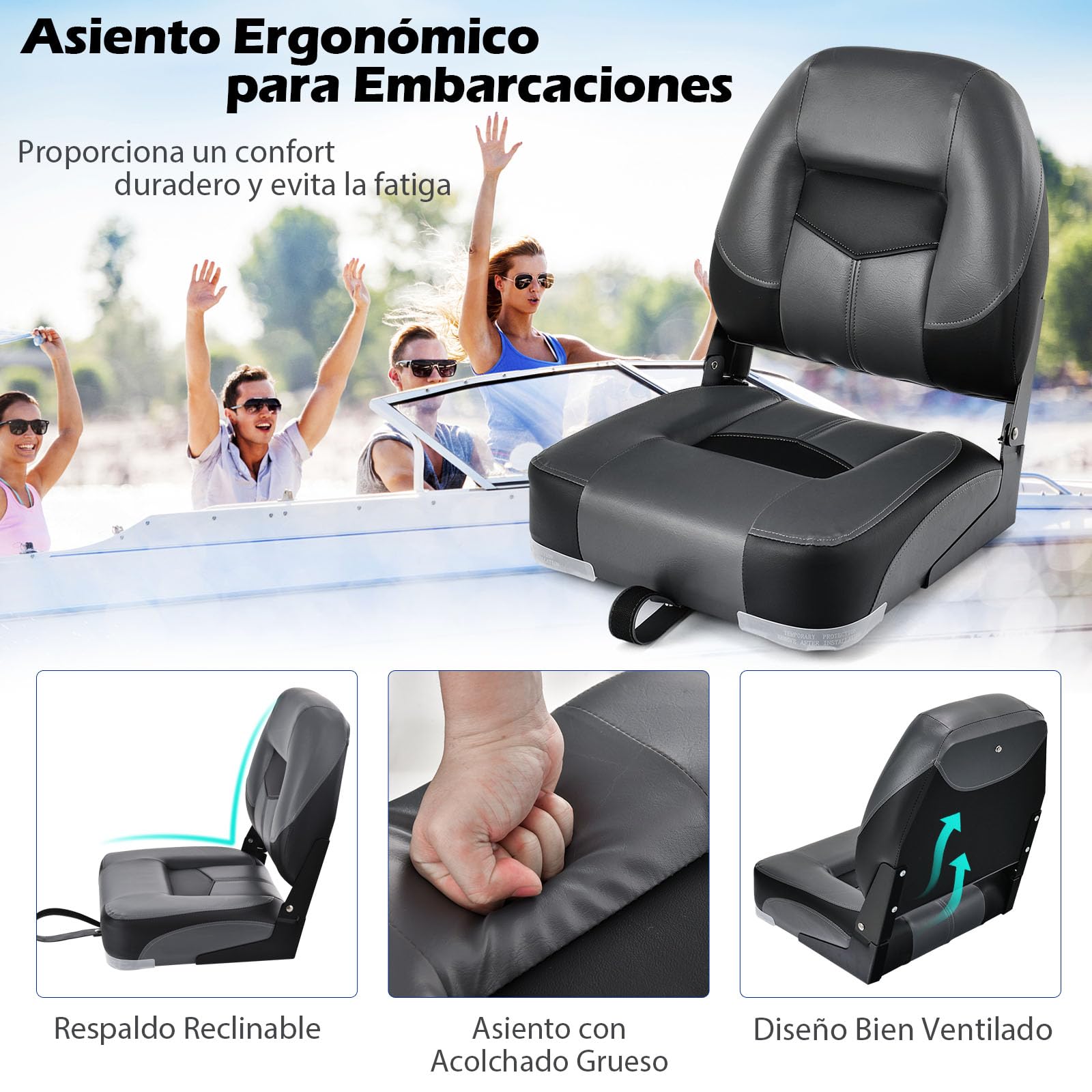 GYMAX Juego de 2 Asientos para Barco con Respaldo Alto, Sillas de Barco Plegables y Acolchadas, 42 x 50 x 52 cm, Asiento para Pescadores Plegable para Barcos (Negro)