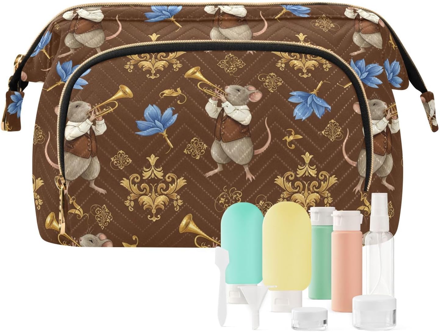 VIGTRO Rats Playing Trumpets Flowers Makeup Bag Quilted Toiletry Bag Wide Open Cosmetic Bag with Bottles Kit Large Capacity Travel Organizer Pouch for Women