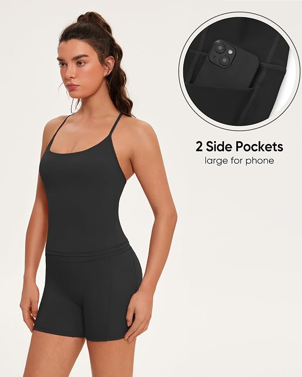 OMKAGI 2 Piece Workout Sets for Women Cute Y Back Tank Tops Booty Shorts Outfits with Pockets(M,572-Black) by OMKAGI - Used condition - Image 3