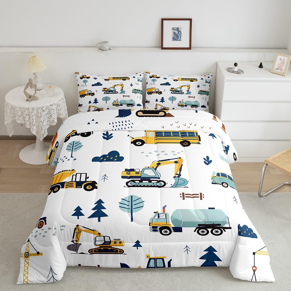 Feelyou Construction Truck Comforter Set Full Size - Kids Machinery Bedding, Excavator Tractor Design