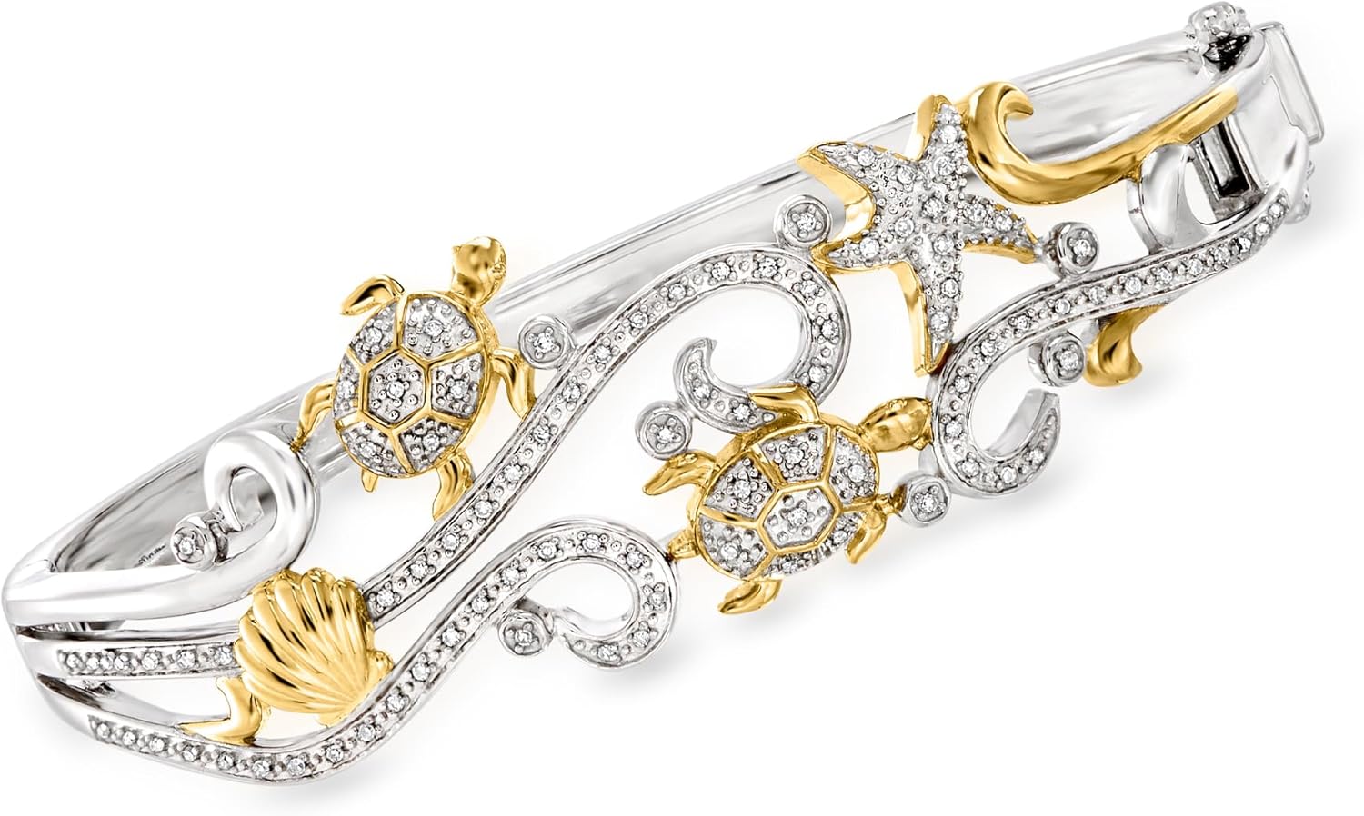 Ross-Simons 0.25 ct. t.w. Diamond Sea Life Bangle Bracelet in 2-Tone Sterling Silver