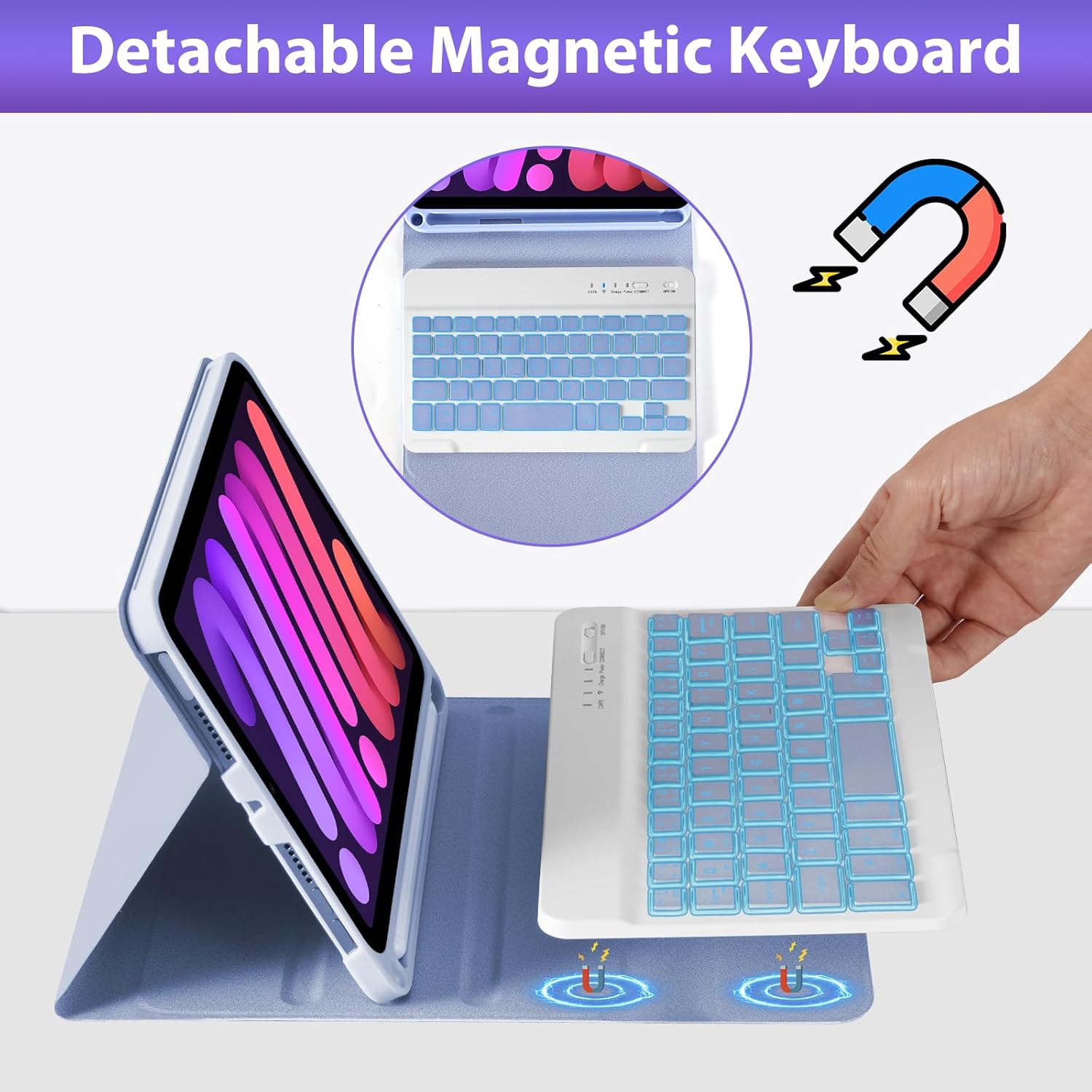 LAMA Keyboard Case for A17 Pro 2024/iPad Mini 6 Generation Case with Keyboard 2021 8.3 Inch, Pencil Holder, 7 Color Backlit Detachable Keyboard Cover for iPad mini 7th/6th Gen, Purple