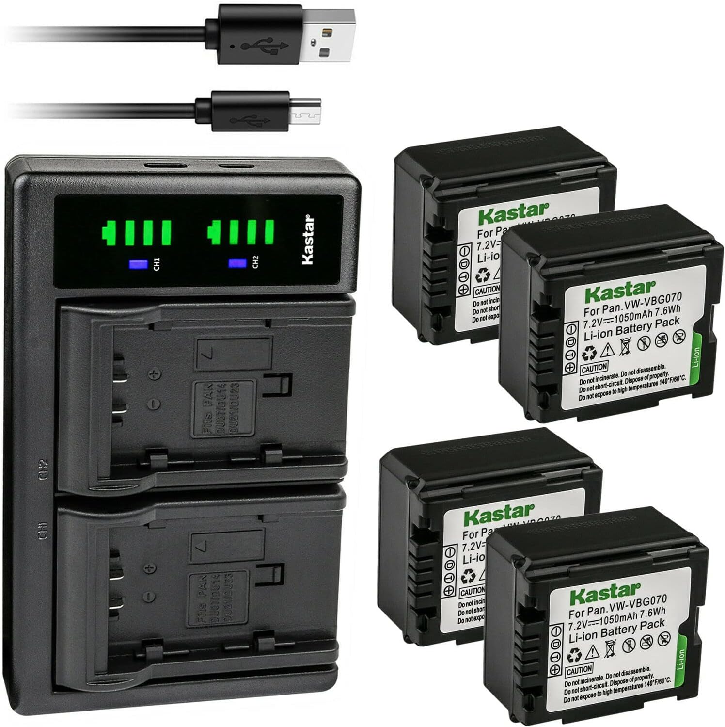 Kastar 4-Pack VW-VBG070 Battery and LTD2 USB Charger Replacement for Panasonic SDR-H40P, SDR-H41, SDR-H48GK, SDR-H50, SDR-H60, SDR-H60S, SDR-H60P, SDR-H68GK, SDR-H79, SDR-H79K, SDR-H79P, SDR-H80