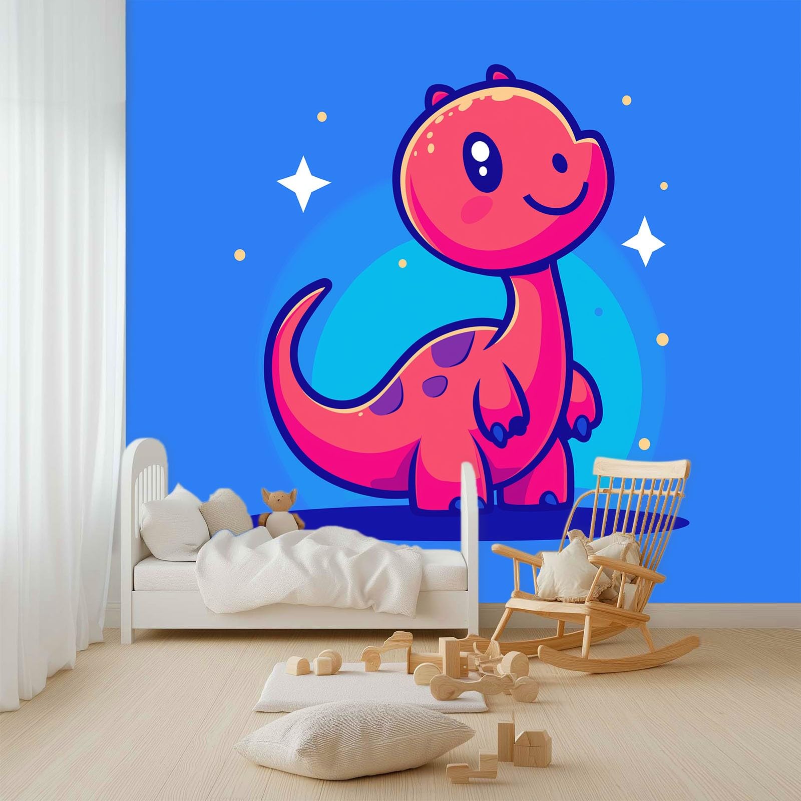 Tapeta ścienna z motywem dinozaurów, gwiazd i księżyca, niebieska tapeta, tapeta ścienna, 400 x 280 cm (szer. x wys.), dekoracja ścienna, tapeta dekoracyjna, tapeta do salonu, sypialni, biura